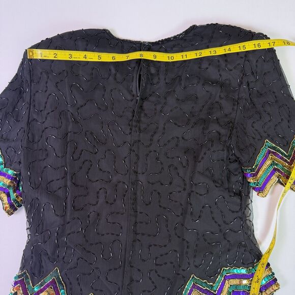 Vintage Scala Silk Beaded Sequin Top Petite Medium Art Deco Glam Flawed Zipper - Picture 5 of 15